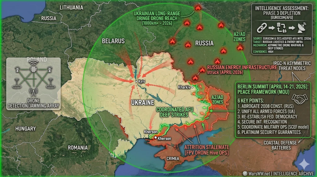 the Berlin Summit (flags or a handshake over a blueprint) or a heat map of refinery strikes.