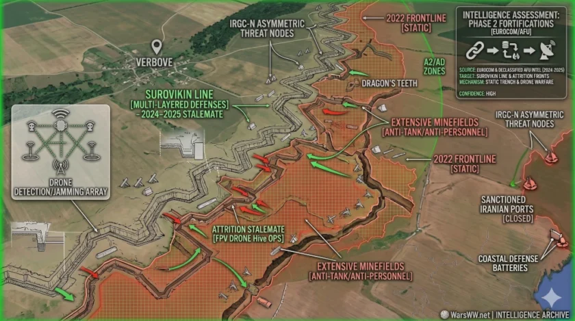 close-up schematic of a modern trench line with drone detection markers.