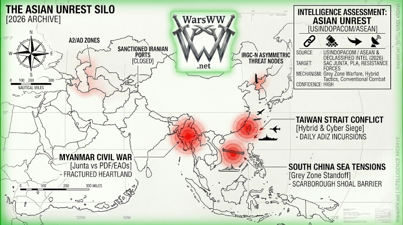 A tactical "Far East Radar" view showing three red "Conflict Rings" over Myanmar, the South China Sea, and the Taiwan Strait.