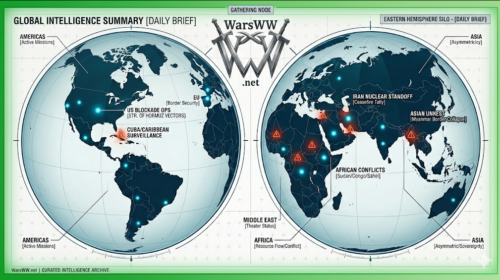Daily Brief cover image, two globes, each indicating conflict zones in red and the WarsWW.net logo in between each globe.