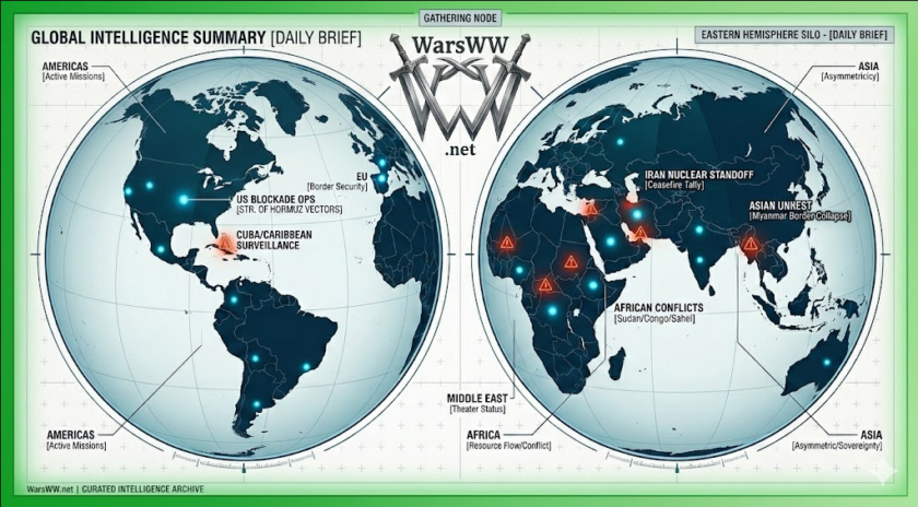 Daily Brief cover image, two globes, each indicating conflict zones in red and the WarsWW.net logo in between each globe.
