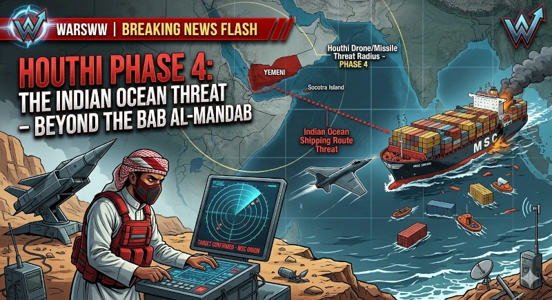 A tactical map and illustration showing the expansion of Houthi drone and missile range into the Indian Ocean for the 2026 'Phase Four' operations, featuring a commercial container ship under attack
