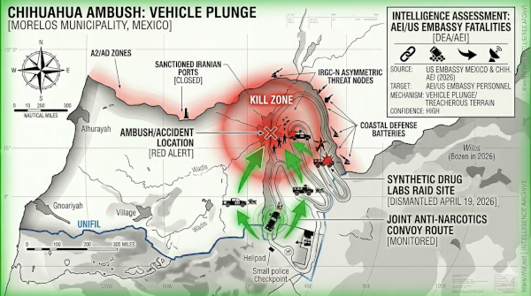 A red "Kill Zone" marker, with damaged official vehicle icons, visualizes the exact point of the fatal accident. Small icons for multi-national official vehicles (AEI and US Embassy) are included along the monitored path.
