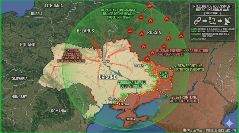 'EUROCOM & DECLASSIFIED AFU INTEL (2026)', target data: 'RUSSIAN LOGISTICS & ENERGY INFRA', and mechanism: 'Asymmetric Drone Warfare & Deep Strikes.'
