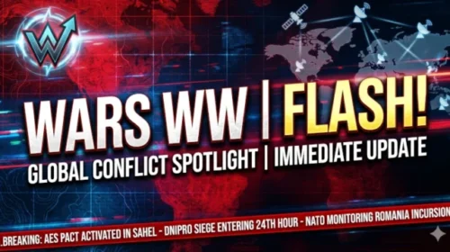 A tactical red and blue graphic template for 'WARS WW | FLASH!' breaking news updates, featuring an upward-arrow icon and a ticker bar summarizing current global conflict spotlights