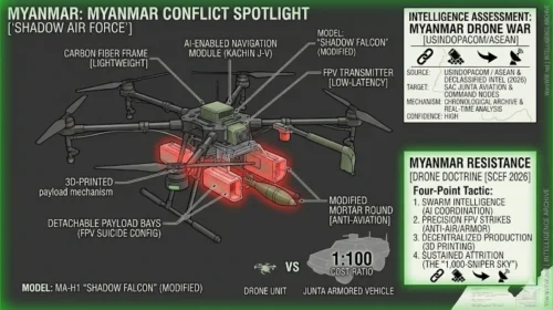 The "Shadow Falcon" modified FPV drone, a staple of the Myanmar resistance's asymmetric air doctrine in 2026. Note the 1:100 cost-to-effect ratio compared to armored junta assets.