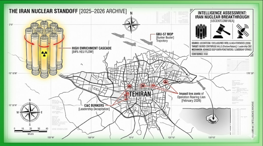 eatured intelligence summary image for the Iran Nuclear Standoff 2025-2026, showing centrifuge technology, airstrike vectors, and declassified Tehran urban maps.