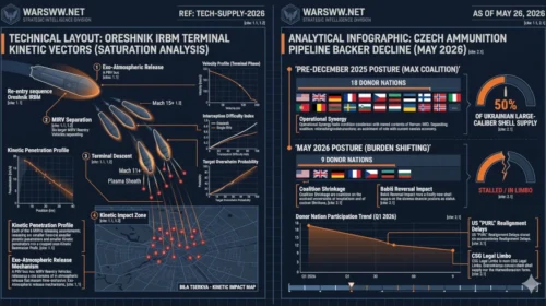 echnical layout mapping the 36 terminal kinetic vectors of the Oreshnik IRBM alongside an analytical infographic detailing the decline from 18 to 9 donor nations in the Czech ammunition pipeline, May 26, 2026.