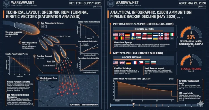 echnical layout mapping the 36 terminal kinetic vectors of the Oreshnik IRBM alongside an analytical infographic detailing the decline from 18 to 9 donor nations in the Czech ammunition pipeline, May 26, 2026.