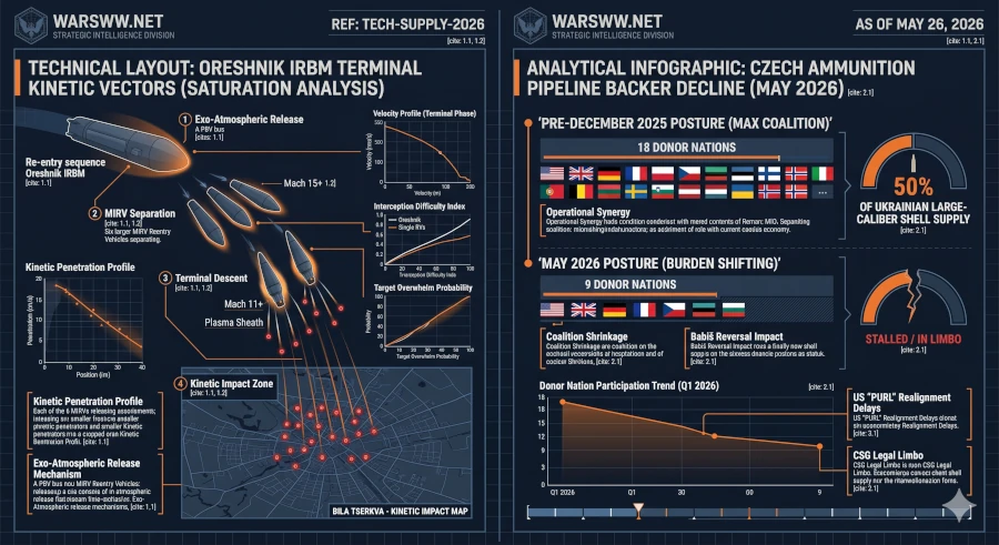 echnical layout mapping the 36 terminal kinetic vectors of the Oreshnik IRBM alongside an analytical infographic detailing the decline from 18 to 9 donor nations in the Czech ammunition pipeline, May 26, 2026.