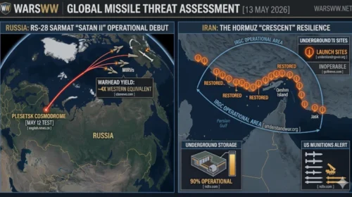 Analytical infographic brief mapping the global missile threat on May 13, 2026. Left panel diagrams the RS-28 Sarmat ICBM test launch from Plesetsk. Right panel maps Iran’s 30 restored coastal launch sites and the 90% operational status of its underground bunkers