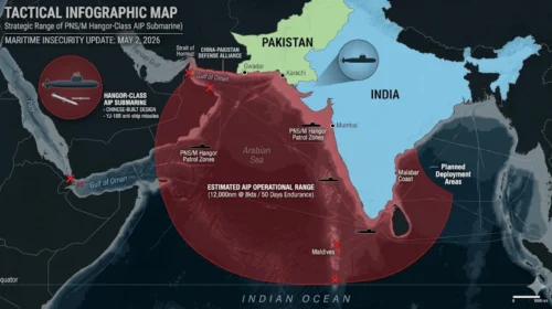 Map of the Indian Ocean showing the strategic range of the new Pakistani Hangor-class submarines and the location of the proposed Iran-U.S. summit in Pakistan, May 2, 2026.