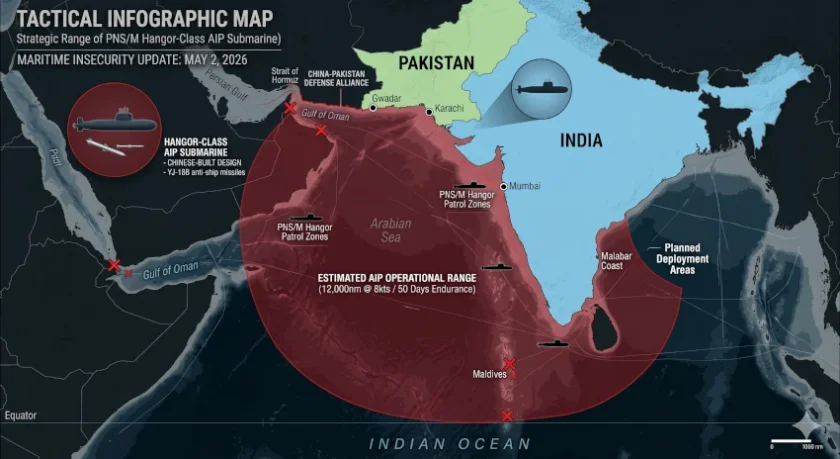 Map of the Indian Ocean showing the strategic range of the new Pakistani Hangor-class submarines and the location of the proposed Iran-U.S. summit in Pakistan, May 2, 2026.