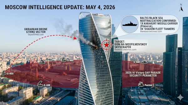 Infographic map of Moscow showing the location of the Dom na Mosfilmovskoy skyscraper drone strike and the 2026 Victory Day parade security perimeter