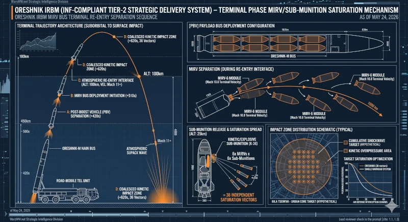 Technical blueprint detailing the separation sequence of the Oreshnik IRBM