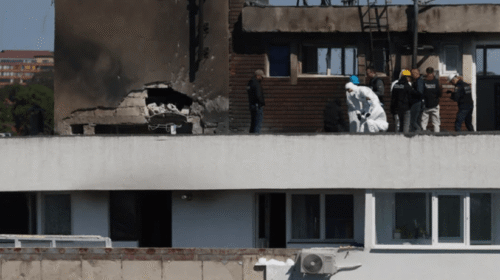 Russian strike drone crossing the Danube River to impact a residential apartment complex in Galati, Romania.