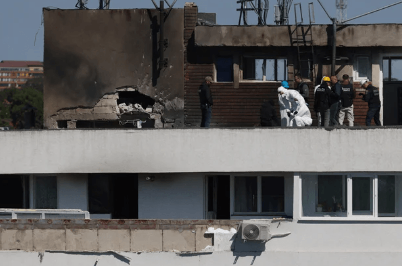 Russian strike drone crossing the Danube River to impact a residential apartment complex in Galati, Romania.
