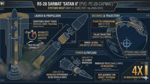 Detailed technical infographic schematic of the Russian RS-28 Sarmat ICBM. Panels diagram the silo launch and shortened boost phase [[1.4]]; the unlimited operational range via polar trajectory [[1.1]]; and the Avangard HGV/MIRV payload options, highlighting a 50 Megaton yield