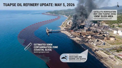 Aerial satellite view of the Tuapse oil refinery fire and the resulting 50km oil slick spreading across the Black Sea coast, May 5, 2026.