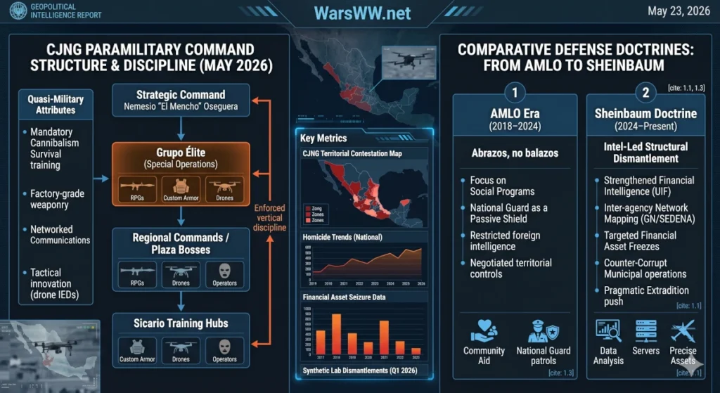 Infographic displaying the command structure of the CJNG paramilitary organization alongside a strategic comparison chart of Mexico's intelligence-led defense doctrine under Claudia Sheinbaum, May 23, 2026.