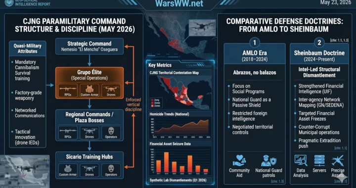 Infographic displaying the command structure of the CJNG paramilitary organization alongside a strategic comparison chart of Mexico's intelligence-led defense doctrine under Claudia Sheinbaum, May 23, 2026.