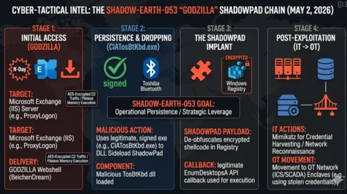 Diagram of a DLL Sideloading attack using Godzilla web shells and ShadowPad implants targeting NATO government servers, May 2026
