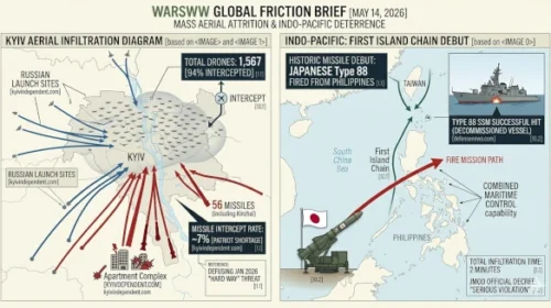 "Infographic showing the 1,567 drone swarm flight paths over Kyiv and the historic Japanese Type 88 missile launch from Philippine soil, May 14, 2026.