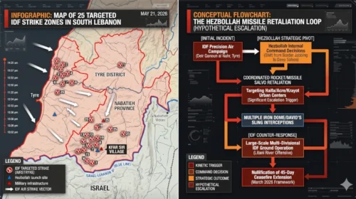 Infographic mapping the 25 targeted IDF strike zones across Tyre, Nabatieh, and Kfar Sir alongside a conceptual flowchart of the Hezbollah missile retaliation loop, May 21, 2026.