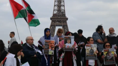 Massive Palestinian flag displayed at the Eiffel Tower during the 78th Nakba anniversary protests in Paris, May 17, 2026
