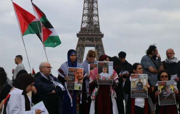 Massive Palestinian flag displayed at the Eiffel Tower during the 78th Nakba anniversary protests in Paris, May 17, 2026