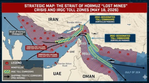 The three narrow, blue and yellow striped lanes show the only routes the IRGC now considers "cleared," forcing all commercial traffic into direct surveillance zones