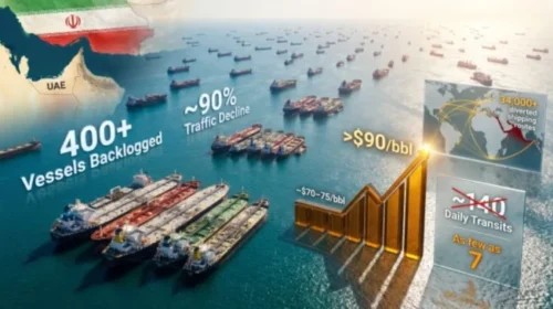 Tactical infographic showing the 90% reduction in Strait of Hormuz shipping traffic and the locations of the 850 trapped vessels as of May 1, 2026.