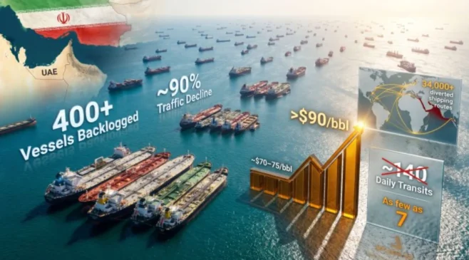 Tactical infographic showing the 90% reduction in Strait of Hormuz shipping traffic and the locations of the 850 trapped vessels as of May 1, 2026.