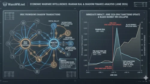 Detailed infographic charting the transaction volume share of Nobitex, Wallex, and Bitpin crypto exchanges alongside indicators of the black-market devaluation of the Iranian rial following U.S. sanctions, June 2026.