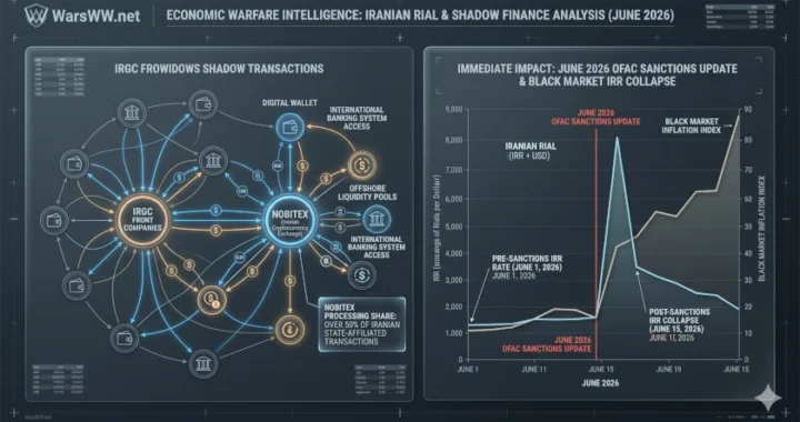 Detailed infographic charting the transaction volume share of Nobitex, Wallex, and Bitpin crypto exchanges alongside indicators of the black-market devaluation of the Iranian rial following U.S. sanctions, June 2026.