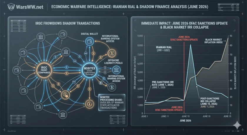 Detailed infographic charting the transaction volume share of Nobitex, Wallex, and Bitpin crypto exchanges alongside indicators of the black-market devaluation of the Iranian rial following U.S. sanctions, June 2026.