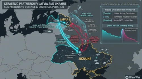 Figure 1: Strategic visual map charting the cross-border drone defense corridors, tracking the immediate flow of Ukrainian tactical anti-drone units into Latvian training grounds alongside the industrial investment lines connecting Riga and Kyiv.