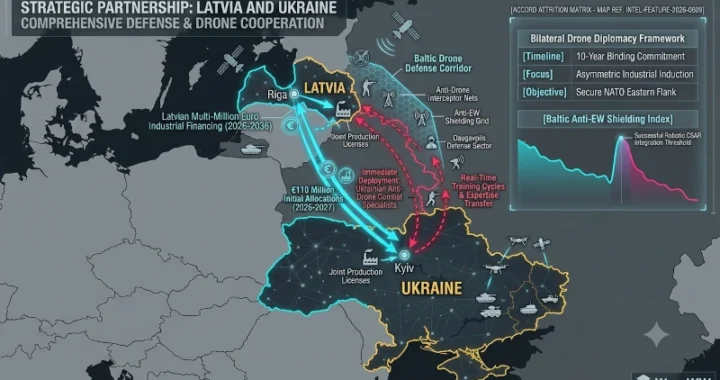 Figure 1: Strategic visual map charting the cross-border drone defense corridors, tracking the immediate flow of Ukrainian tactical anti-drone units into Latvian training grounds alongside the industrial investment lines connecting Riga and Kyiv.