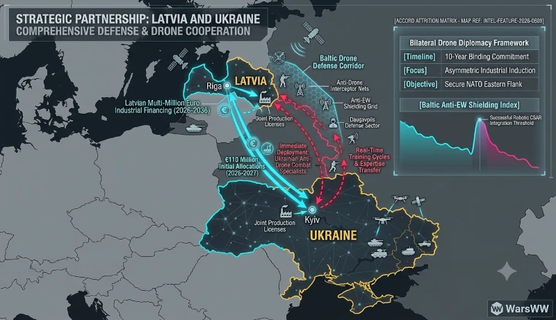 Figure 1: Strategic visual map charting the cross-border drone defense corridors, tracking the immediate flow of Ukrainian tactical anti-drone units into Latvian training grounds alongside the industrial investment lines connecting Riga and Kyiv.