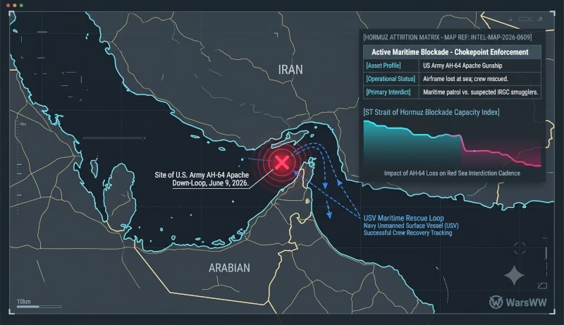 tactical tracking indicators showing the site of the U.S. Apache helicopter crash in the Strait of Hormuz, June 9, 2026.