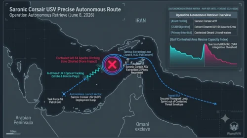 Detailed tactical military infographic mapping the precise autonomous route taken by the Saronic Corsair USV to locate and extract the two downed Apache helicopter pilots off the coast of Oman, June 8, 2026.