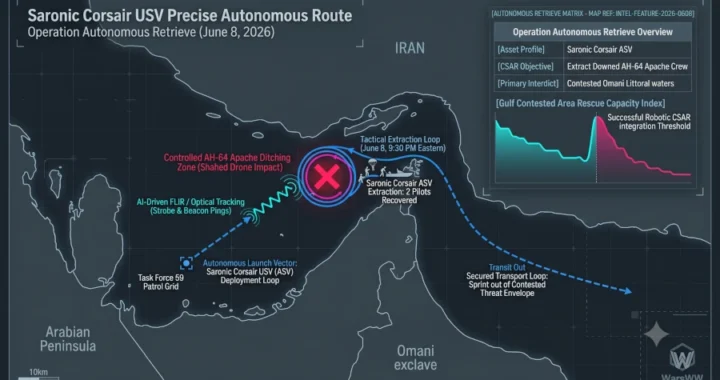 Detailed tactical military infographic mapping the precise autonomous route taken by the Saronic Corsair USV to locate and extract the two downed Apache helicopter pilots off the coast of Oman, June 8, 2026.