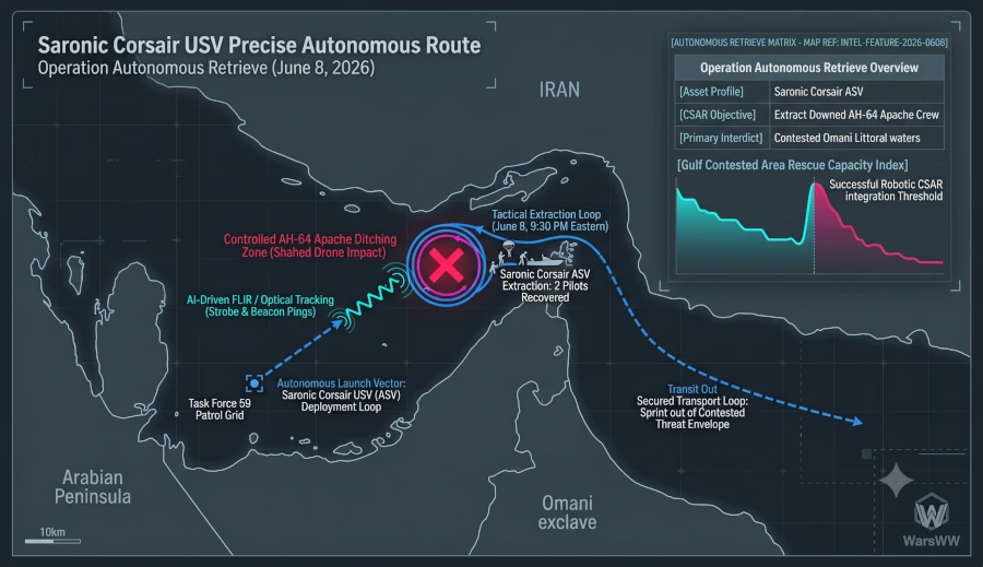 Detailed tactical military infographic mapping the precise autonomous route taken by the Saronic Corsair USV to locate and extract the two downed Apache helicopter pilots off the coast of Oman, June 8, 2026.