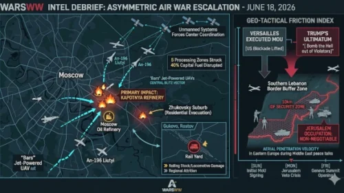 Complex military operational infographic tracking the specific approach vectors of jet-powered autonomous drones intersecting the Kapotnya oil refinery in Moscow alongside tactical boundary markers showing the 10-kilometer expanded security zone occupied by the IDF in southern Lebanon, June 18, 2026.
