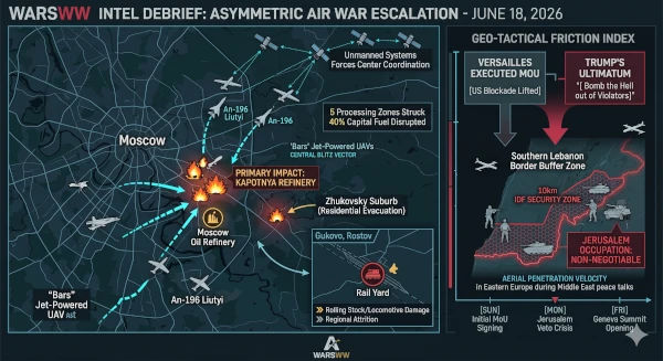 Complex military operational infographic tracking the specific approach vectors of jet-powered autonomous drones intersecting the Kapotnya oil refinery in Moscow alongside tactical boundary markers showing the 10-kilometer expanded security zone occupied by the IDF in southern Lebanon, June 18, 2026.