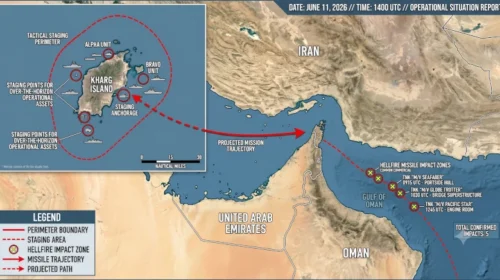 Comprehensive operational map detailing the tactical staging perimeters around Kharg Island alongside tracking indicators showing the precision Hellfire missile impact zones on the commercial tankers inside the Gulf of Oman, June 11, 2026.
