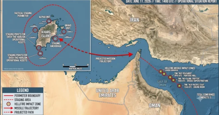 Comprehensive operational map detailing the tactical staging perimeters around Kharg Island alongside tracking indicators showing the precision Hellfire missile impact zones on the commercial tankers inside the Gulf of Oman, June 11, 2026.
