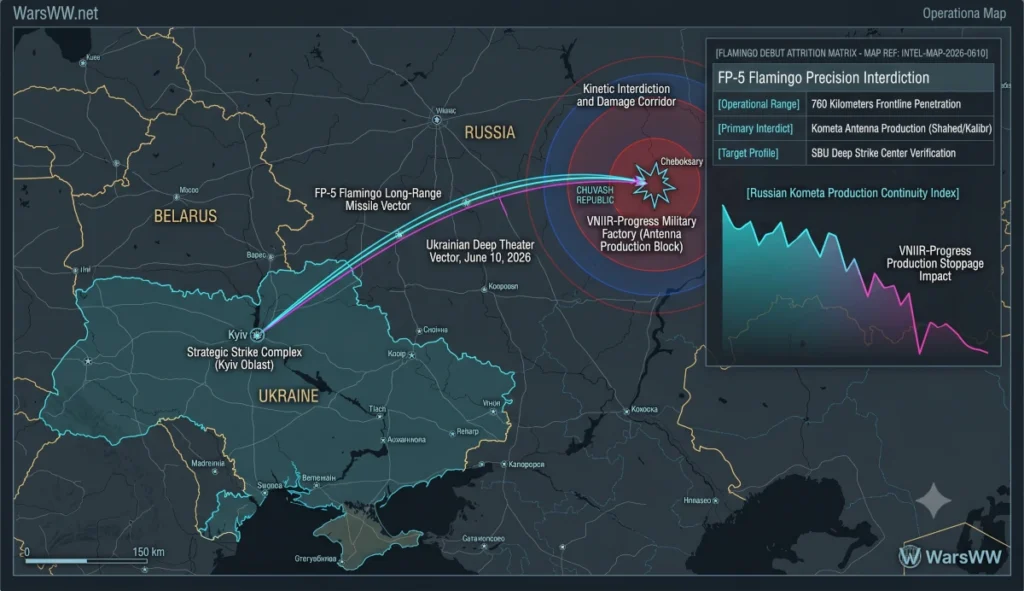 precise flight envelope of Ukraine's Flamingo missile strike on the Cheboksary drone component plant, June 10, 2026.