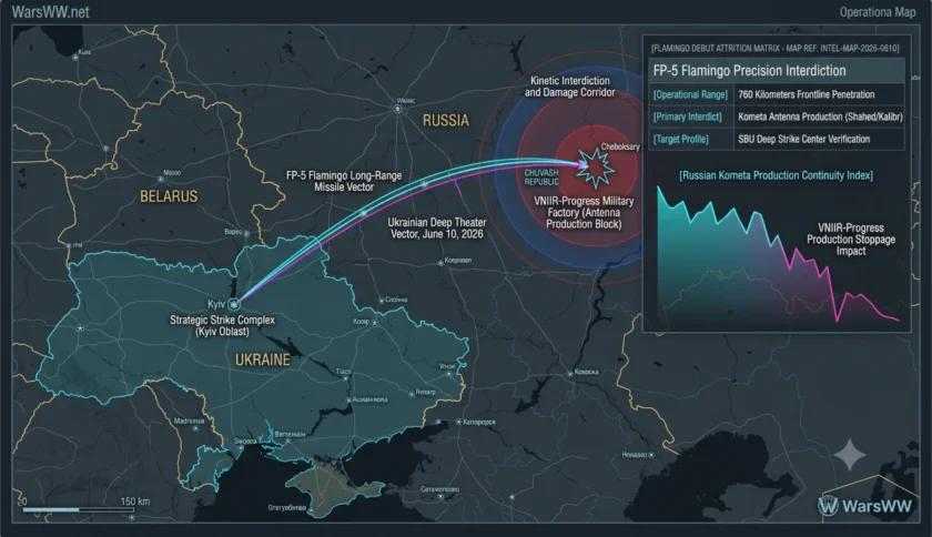 precise flight envelope of Ukraine's Flamingo missile strike on the Cheboksary drone component plant, June 10, 2026.