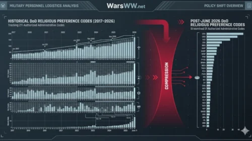 Strategic data infographic illustrating the contraction of the U.S. Armed Forces religious identification tracking codes from 211 separate lines down to 31 core operational brackets under the June 2026 directive.